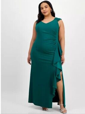 NWT Alex Evenings 16W Jade Teal Ruffle Draped Maxi Gown Formal Wedding Dress